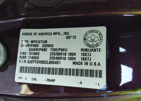 2012 Honda Crosstour Ex-L from USA, damaged, VIN 5J6TF2H50CL800401